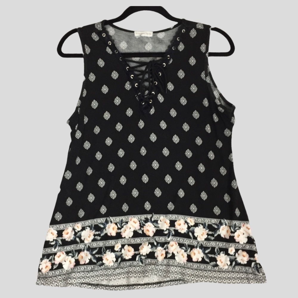 Warehouse One Tank Top Womens Medium Black V Neck Lace Up Sleeveless